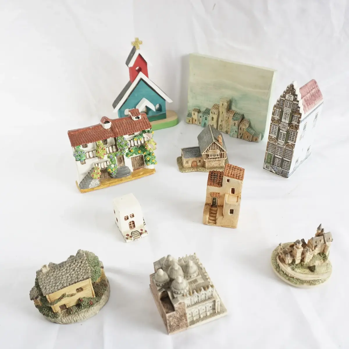 10 Ceramic Houses and Church, Delft Hand Painted Holland Canal House, Village Clock