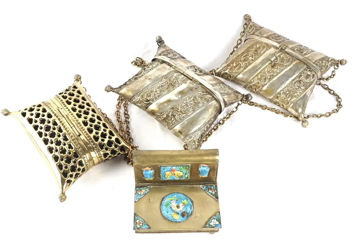 3 Vintage Brass Artistic Bombay Pillow Purses And Enameled Brass Box