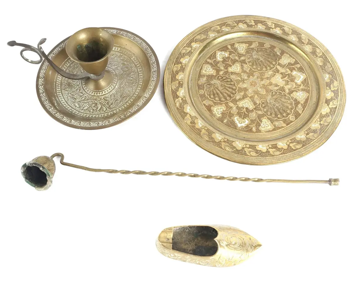 Etched Brass Chamberstick, Brass Shoe, Plate And Candle Snuffer