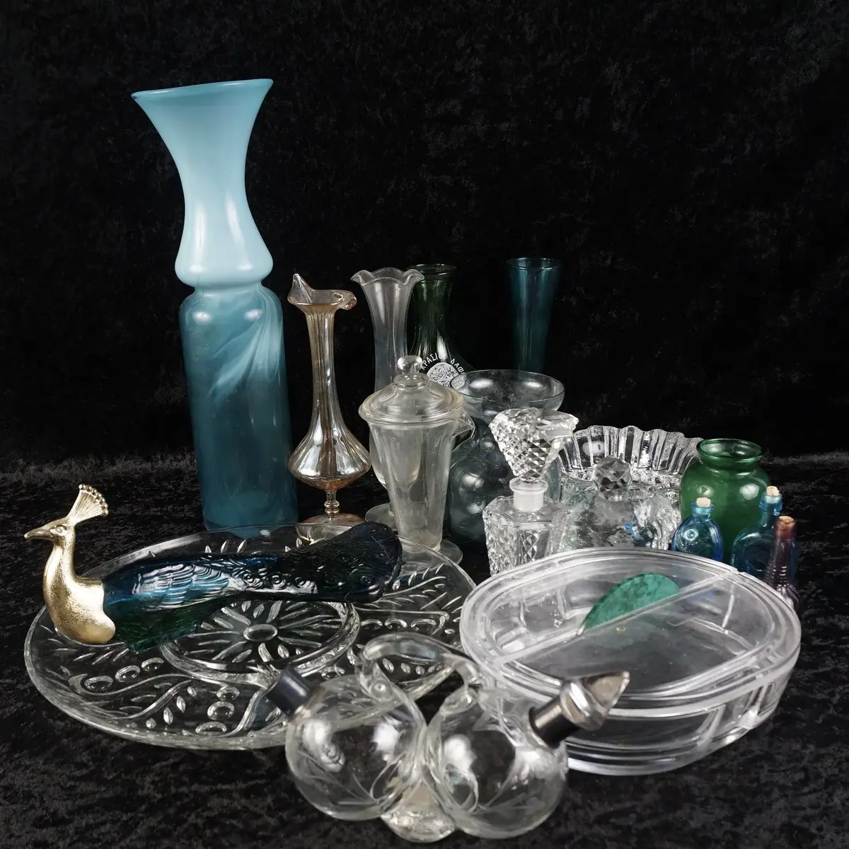 Mixed Glass Decor With Etched Flutes, Vases, Peacock Decanter, & Cruet