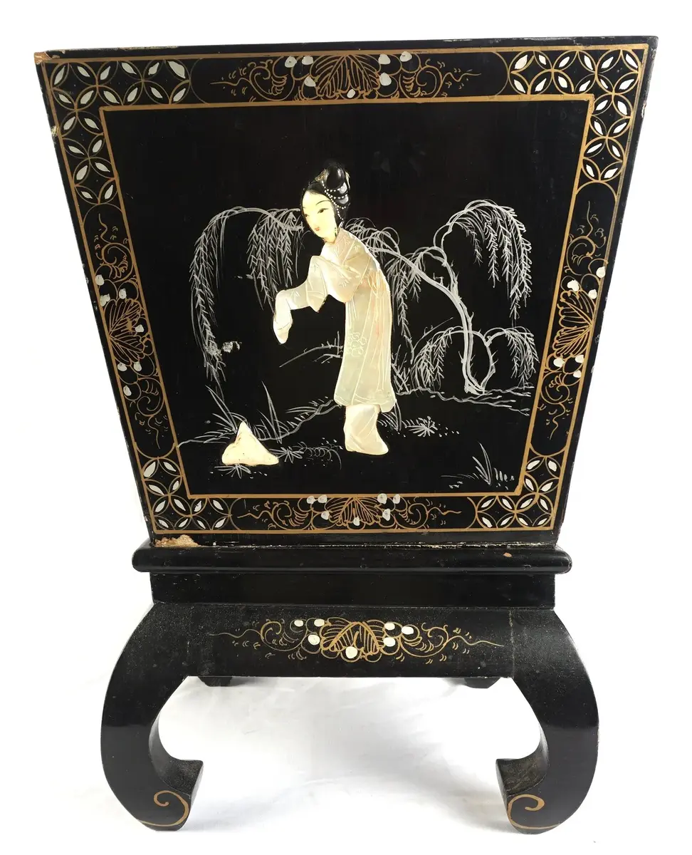 Vintage Chinese Black Lacquer Planter Or Waste Bin On Stand With Inlaid Figure And Liner