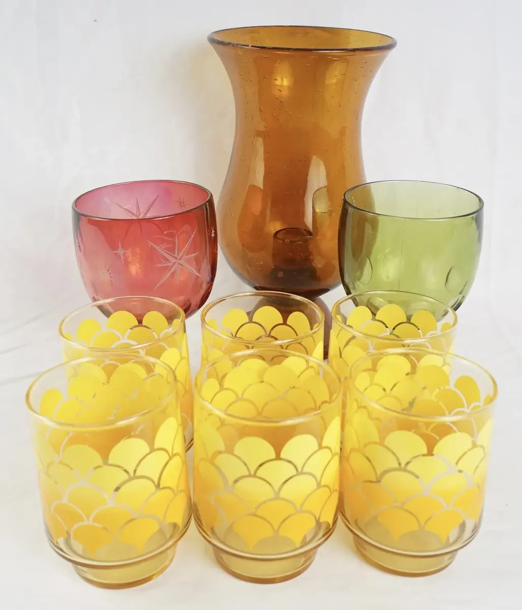 Vintage Amber Scallop Glass Tumblers, Colored Goblets And Amber Glass Vase