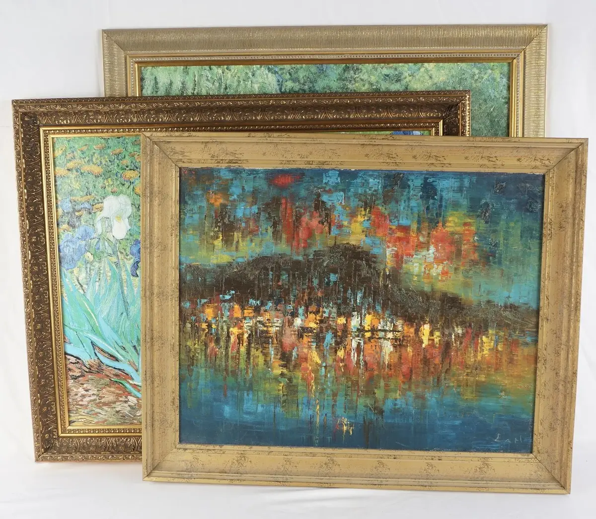 3 Framed Paintings: MCM Abstract Oil From Hong Kong, Monet Water Lily & Van Gogh Irises