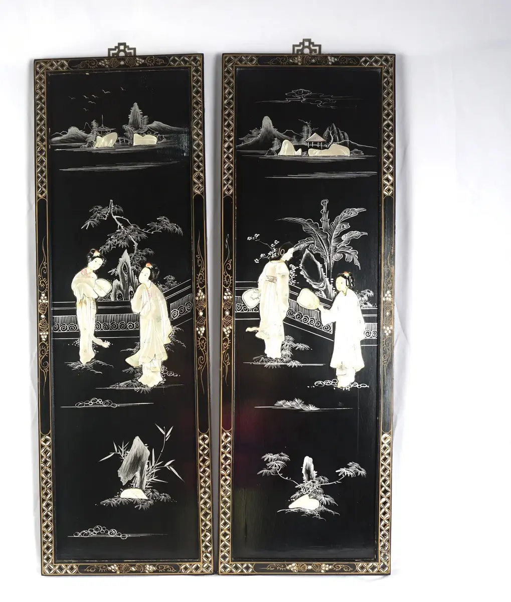 Chinese Black Lacquer Wall Panels With Mother-Of-Pearl Style Figures And Landscapes