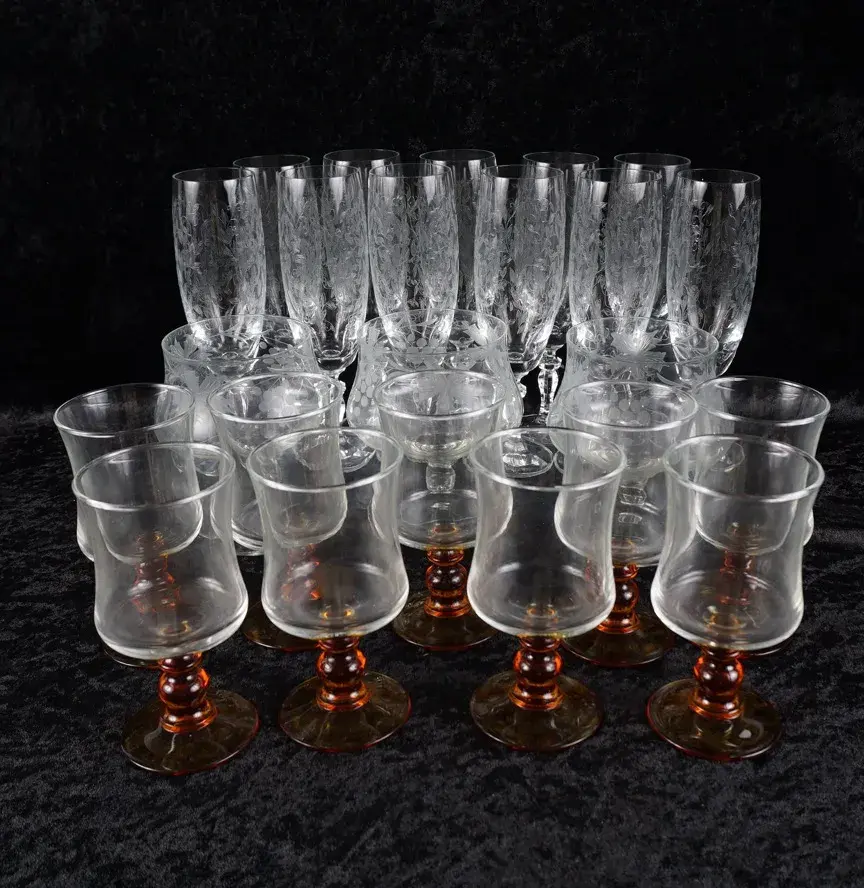 Vintage Etched Crystal Champagne Flutes, Etched Brandy Snifters & Amber-Stem Glasses