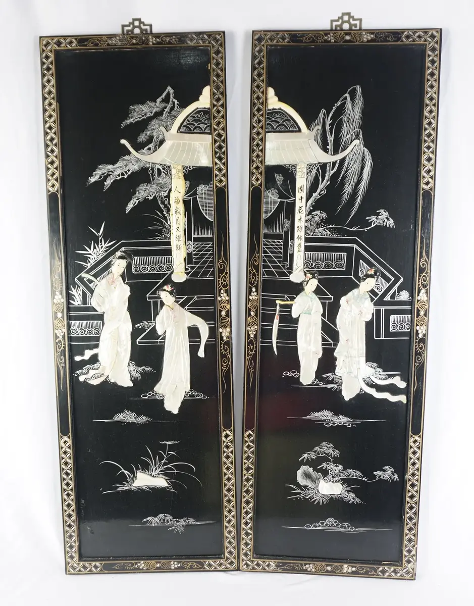 Chinese Black Lacquer Wall Panels, Mother-Of-Pearl Style Figures, 12 x 36 In.