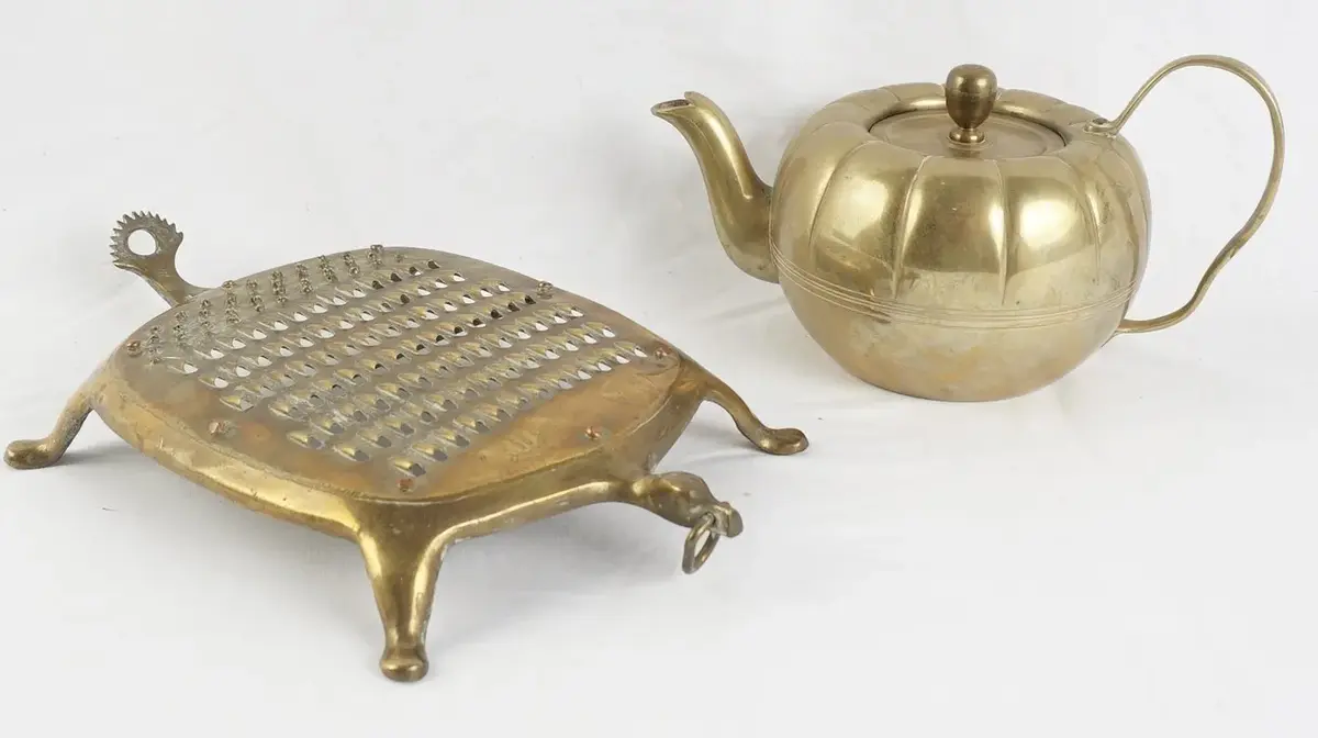 Brass Melon-Form Teapot And Brass Turtle Cheese Grater, Made In India