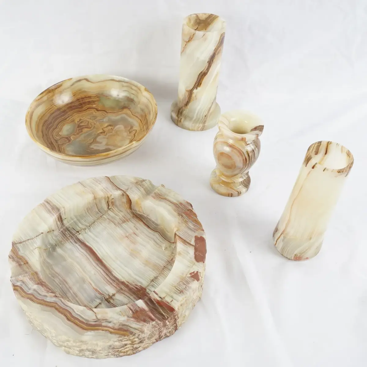 Veined Onyx Marble Decor: Ashtray, 7 x 7 Bowl, Cylinder and Urn Vases