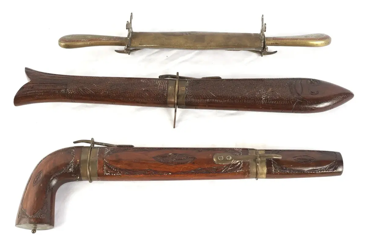 Vintage Indian Wood And Brass Carving Knife Sets With Fish And Pistol-Grip Sheaths