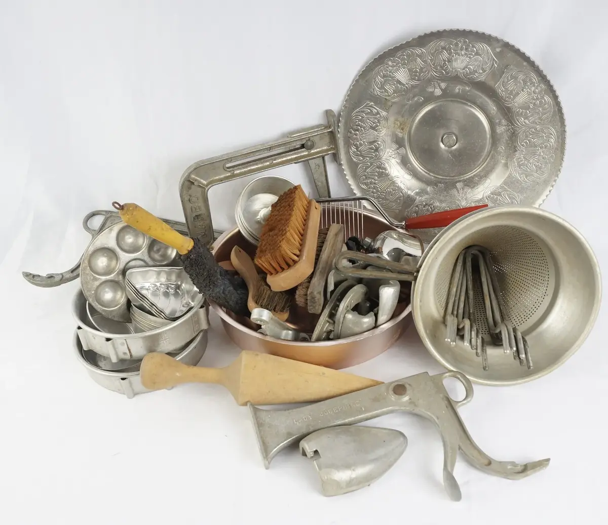 Vintage Aluminum And Metal Kitchen Assortment: Ring Mold, Tart Pans, Sifters, Brushes And More