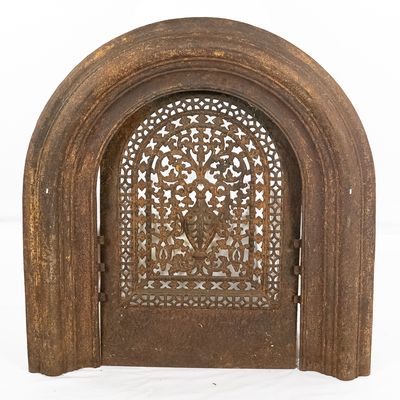 Sale Photo Thumbnail #123: Antique Cast Iron Arched Fireplace Frame & Cover