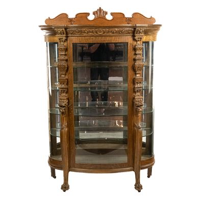 Antique Tiger Oak Curved Glass China Cabinet