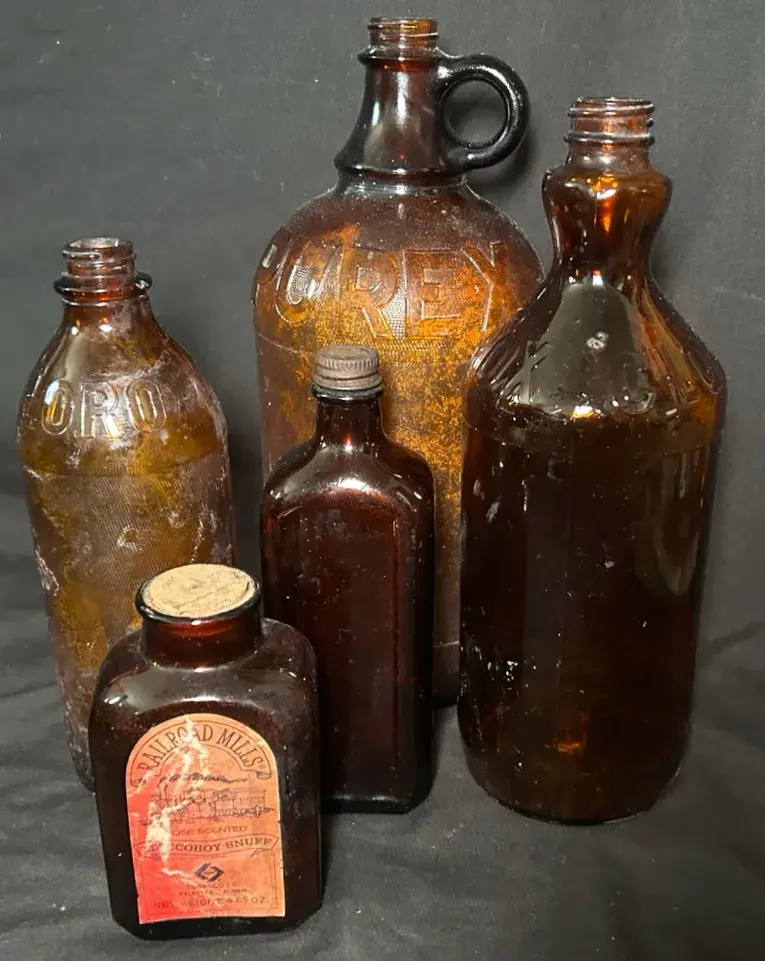Vintage Amber Glass Bottle Collection - Clorox, Purex, Railroad Mills & H. Clay Glover