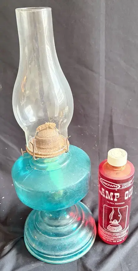 Blue Painted Glass Oil Lamp With Chimney & Lamp Oil