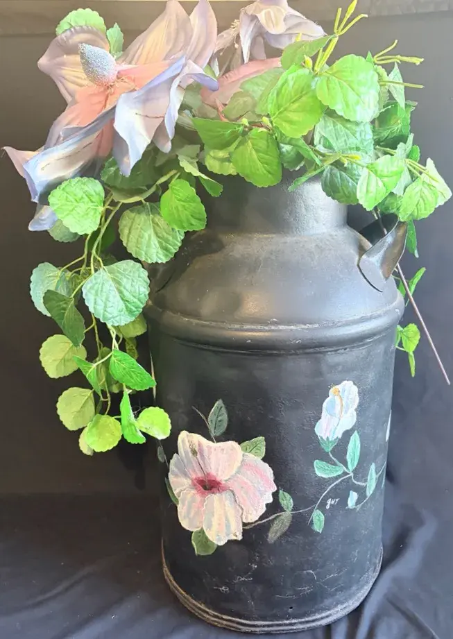 Vintage Hand-Painted Black Metal Milk Can With Floral Decor