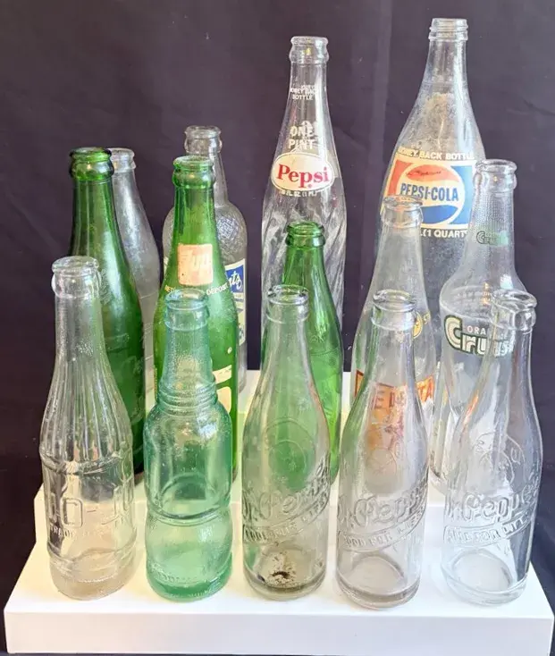 Vintage Soda Bottle Collection - Pepsi, 7UP, Dr Pepper, Fresca & More - 17 Pc