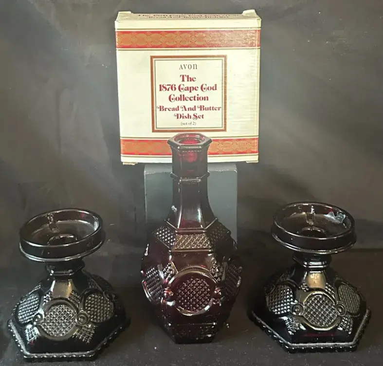 Vintage Avon 1876 Cape Cod Decanter, Candlesticks & Bread and Butter Dishes