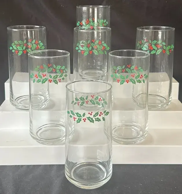 Vintage Corelle Holly Christmas Beverage Glasses - 7 With Original Box
