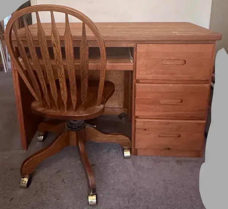 Wooden Desk With Oak Rolling Office Chair