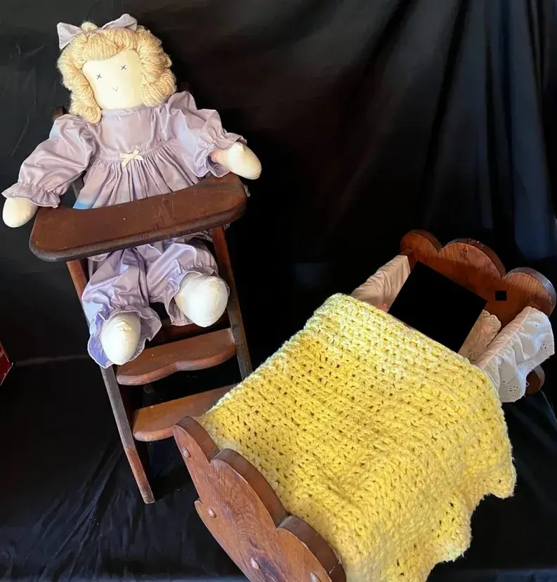 Vintage Wooden Doll High Chair & Cradle With Doll