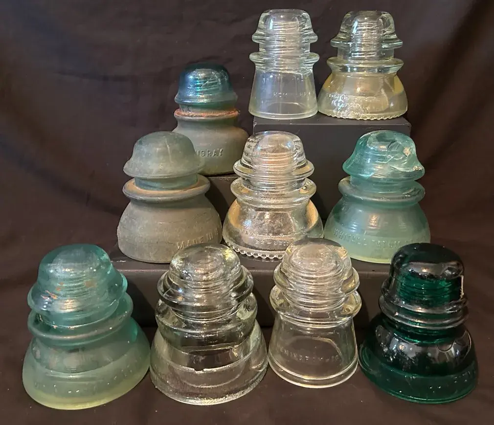 10 Vintage Glass Telegraph Insulators - Hemingray, Whitall Tatum & Brookfield