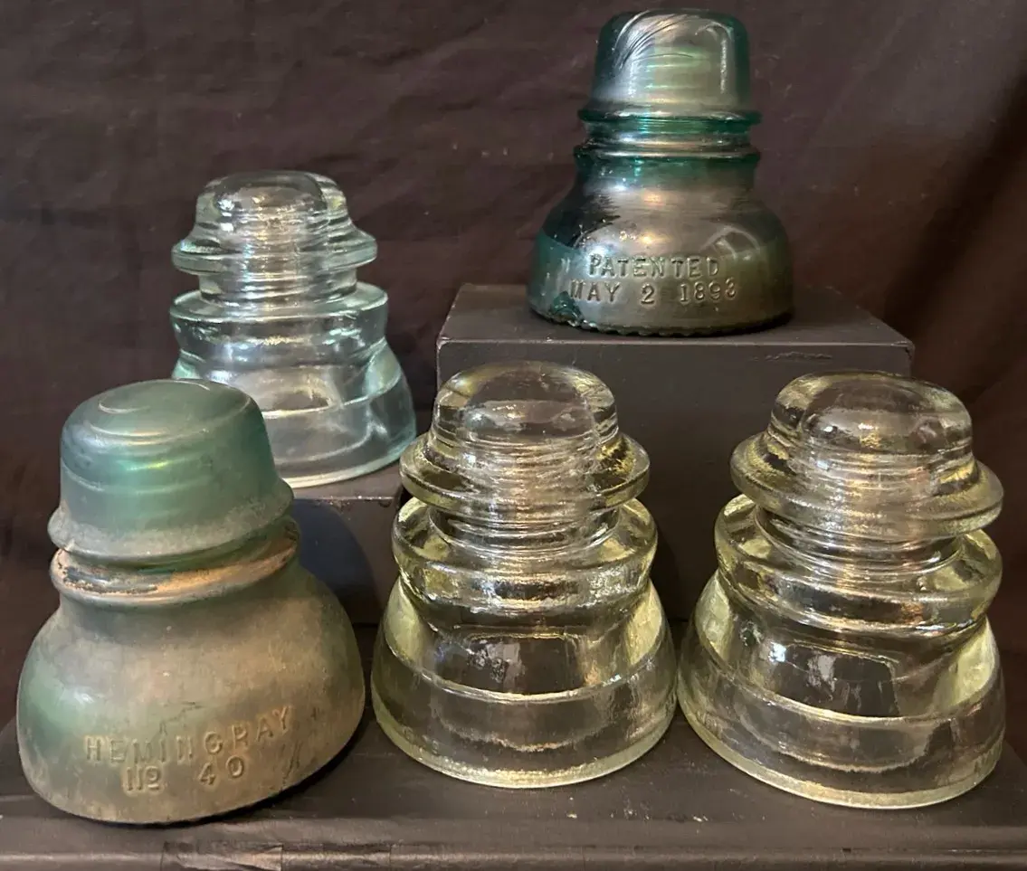 Five Vintage Glass Telegraph & Telephone Insulators