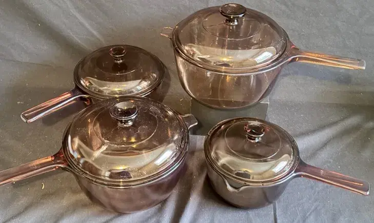 Vintage Corning Visions Amber Glass Cookware Set - 4 Pots With Lids