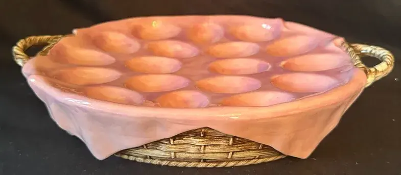 Vintage Pink Ceramic Deviled Egg Platter With Basketweave Detail