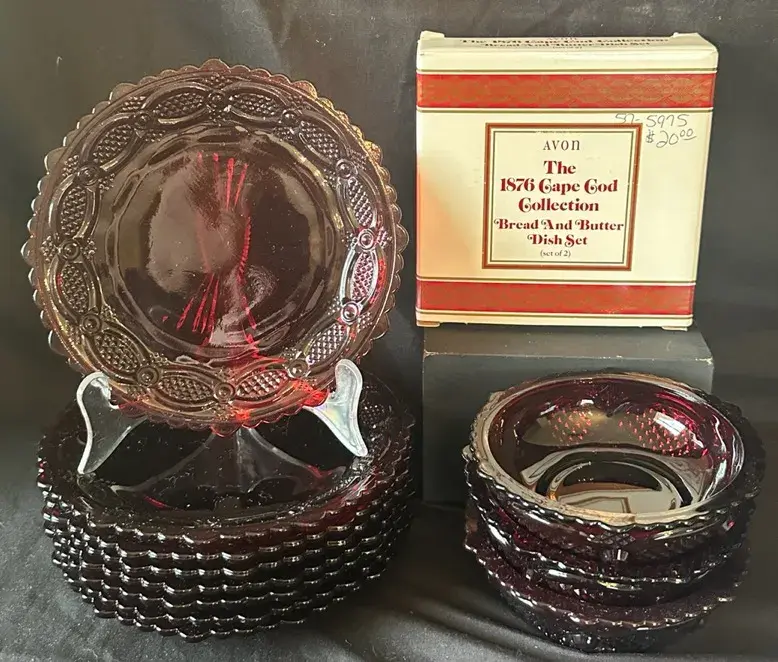 Vintage Avon 1876 Cape Cod Ruby Red Dessert & Bread Plates With Bowls