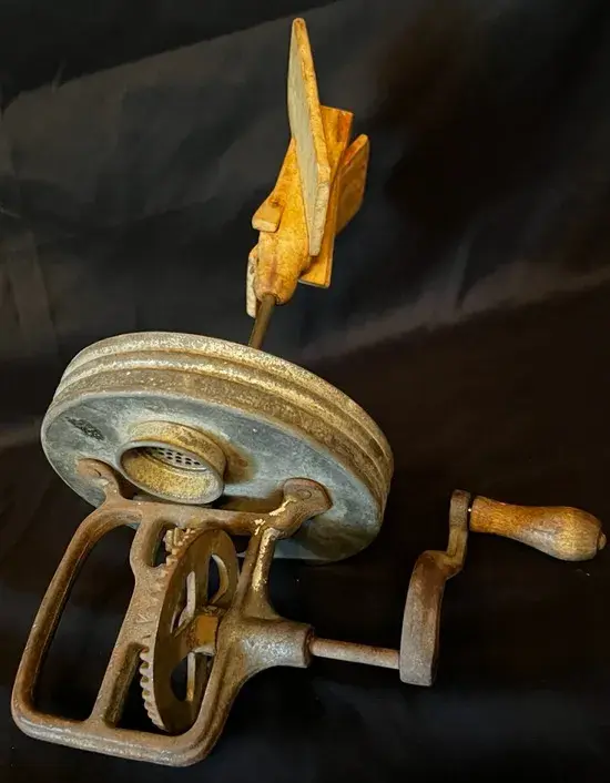 Vintage Hand-Crank Butter Churn Lid With Wooden Paddle