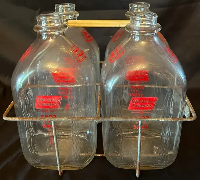 Vintage United Dairy Farmers Half-Gallon Milk Bottles With Carrier