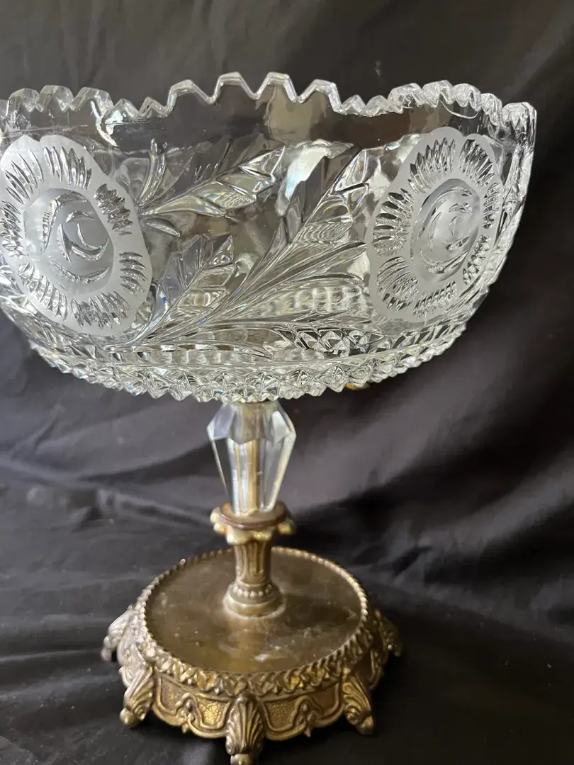 Hollywood Regency Cut Glass Pedestal Bowl With Ornate Base