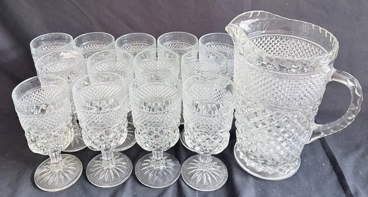 Vintage Wexford Diamond Pattern Glass Goblets & Pitcher - 14 Pieces