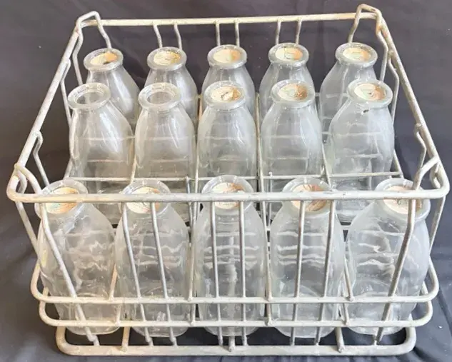 Vintage Green Meadows Dairy Milk Bottles With Metal Carrier - 15 Bottles
