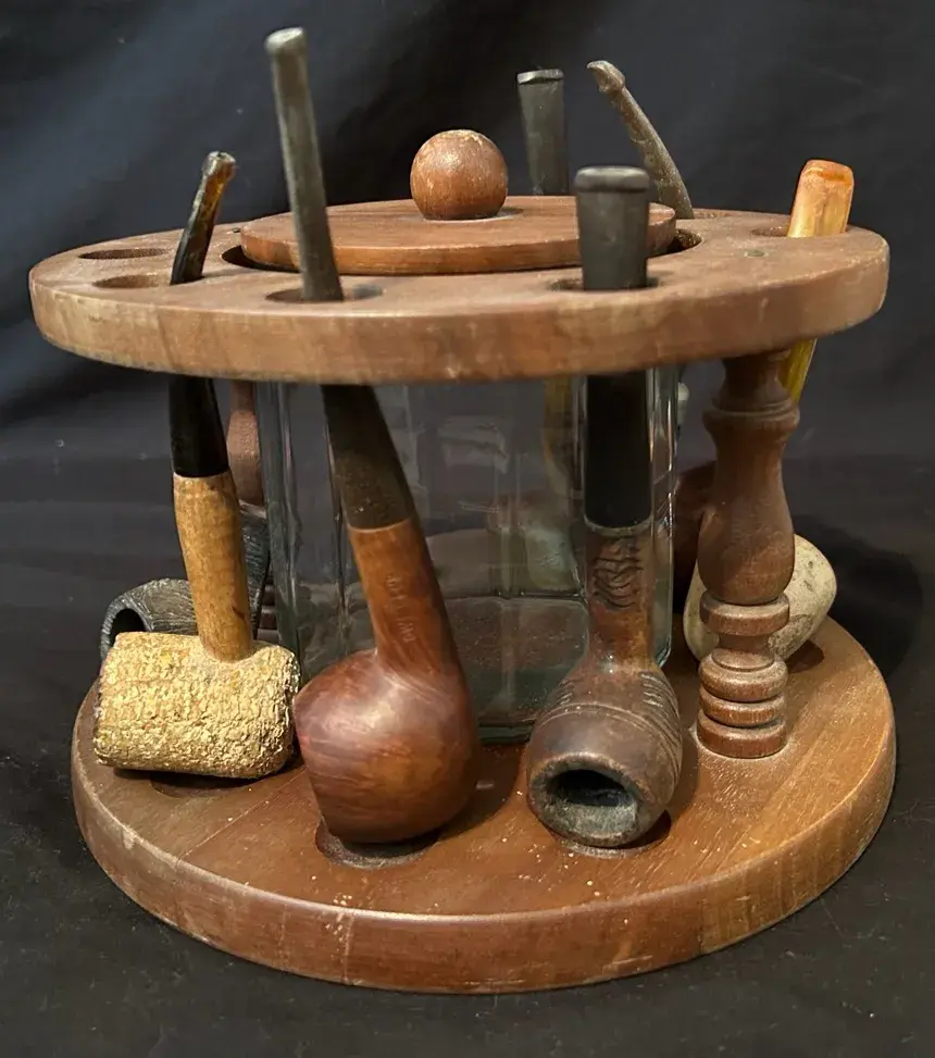 Vintage Wooden Pipe Rack With Glass Tobacco Humidor & 6 Pipes