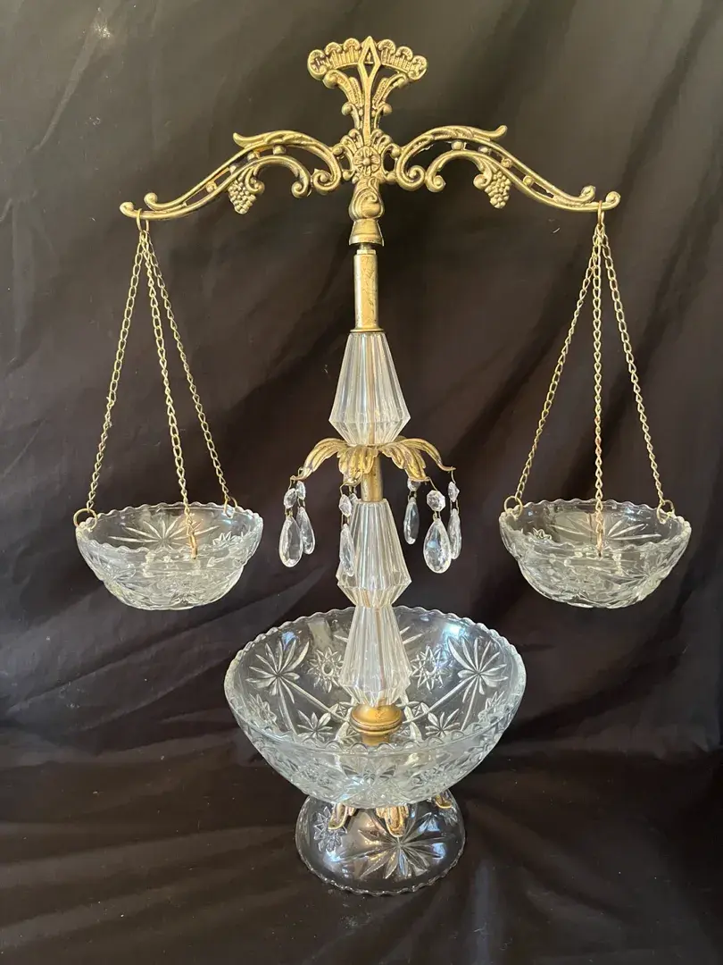 Ornate Vintage Balance Scale With Cut Glass Bowls & Prisms