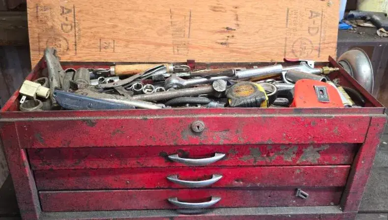 Vintage Red Metal Toolbox With Assorted Hand Tools