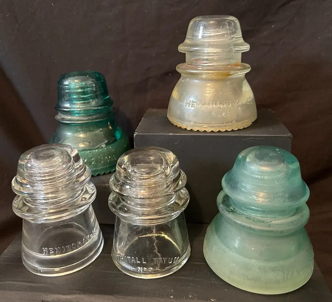 Five Vintage Glass Telegraph Insulators - Hemingray & Whitall Tatum
