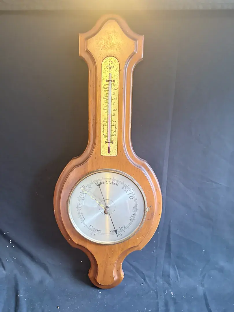 Vintage Banjo-Style Wood Barometer & Thermometer Weather Station