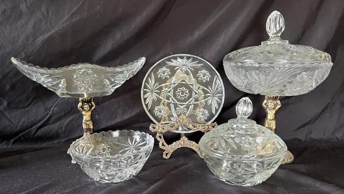 5-Piece Starburst Glass Serveware With Cherub Pedestals