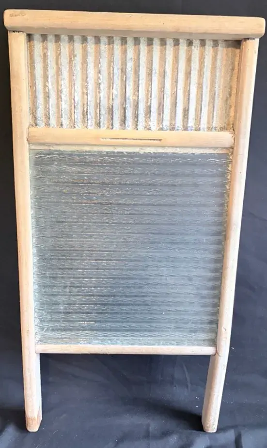 Vintage Wooden Washboard With Glass Scrubbing Surface