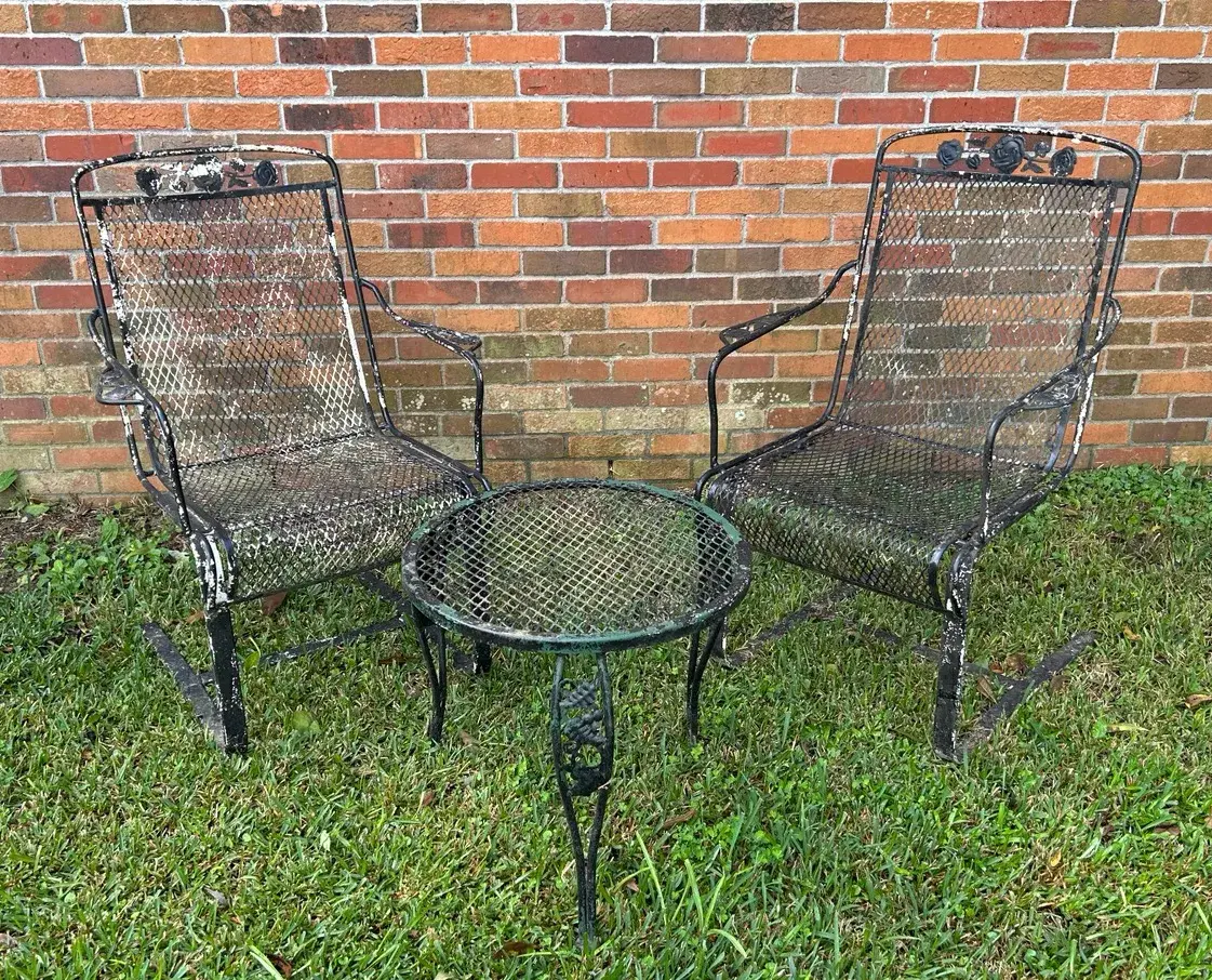Vintage Metal Patio Chairs & Table With Rose Detail