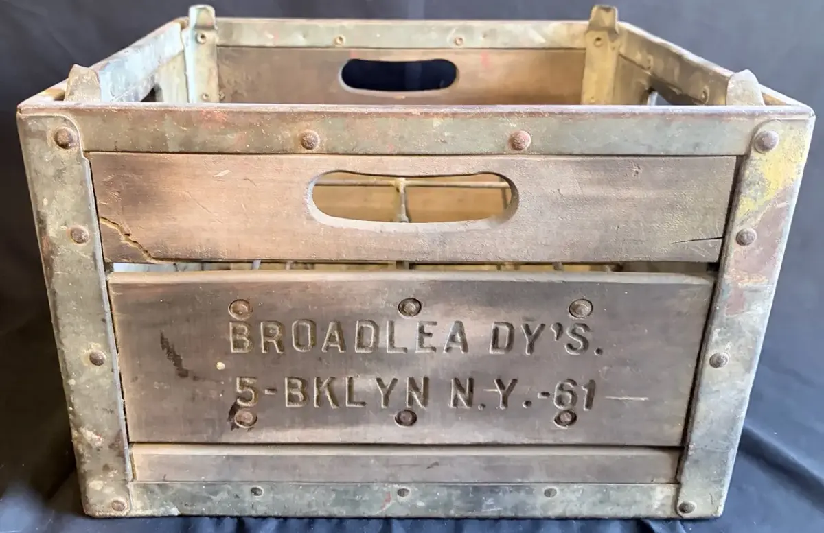 Vintage Broadlea Dairy Brooklyn NY Wooden & Metal Milk Crate
