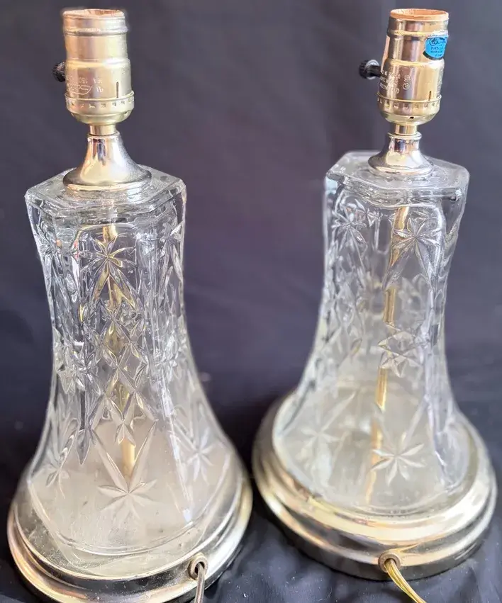 Pair of Vintage Starburst Cut Glass Table Lamps