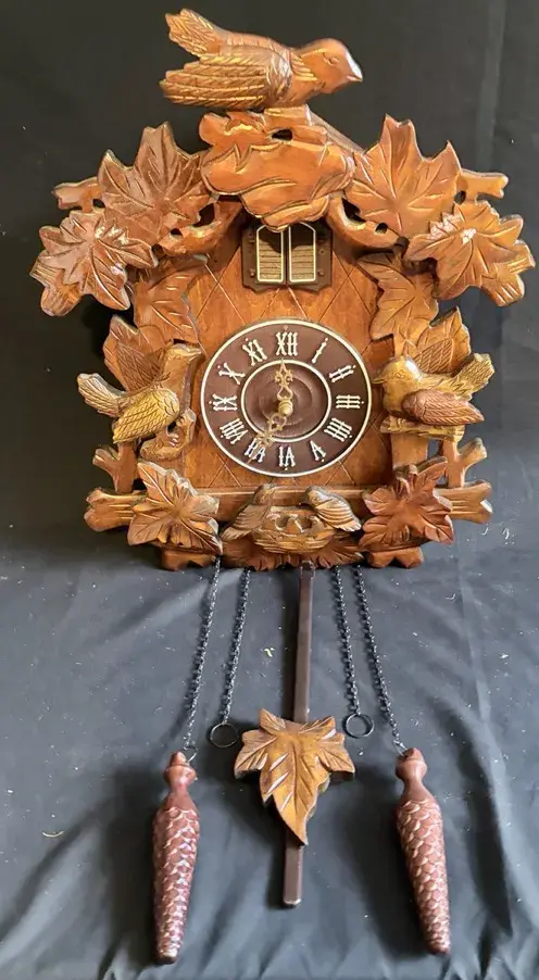 Battery-Operated Wooden Cuckoo Clock With Birds & Leaf Carvings