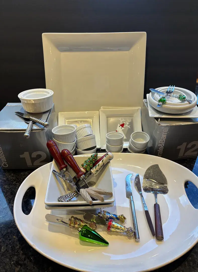 Let’s Entertain - Crate & Barrel Appetizer Plates, Cheese Knives
