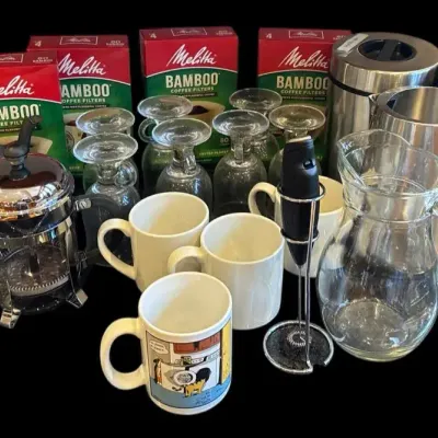 Coffee Time - Unopened Melitta Bamboo Filters, Coffee Containers, Clear Glass Mugs And More