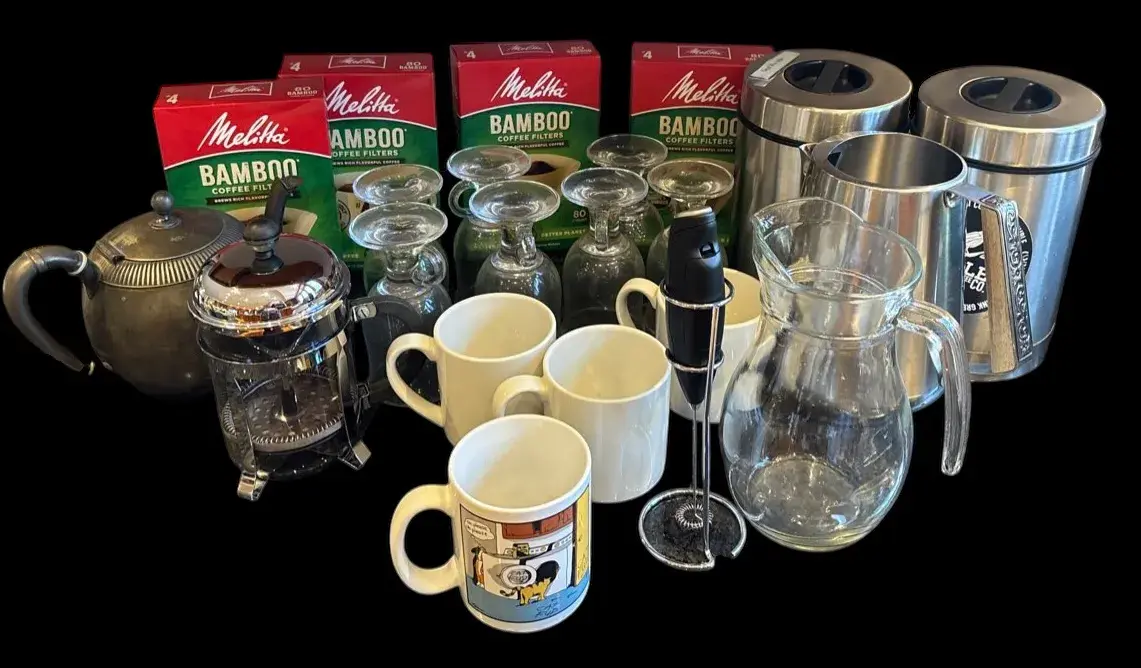 Coffee Time - Unopened Melitta Bamboo Filters, Coffee Containers, Clear Glass Mugs And More