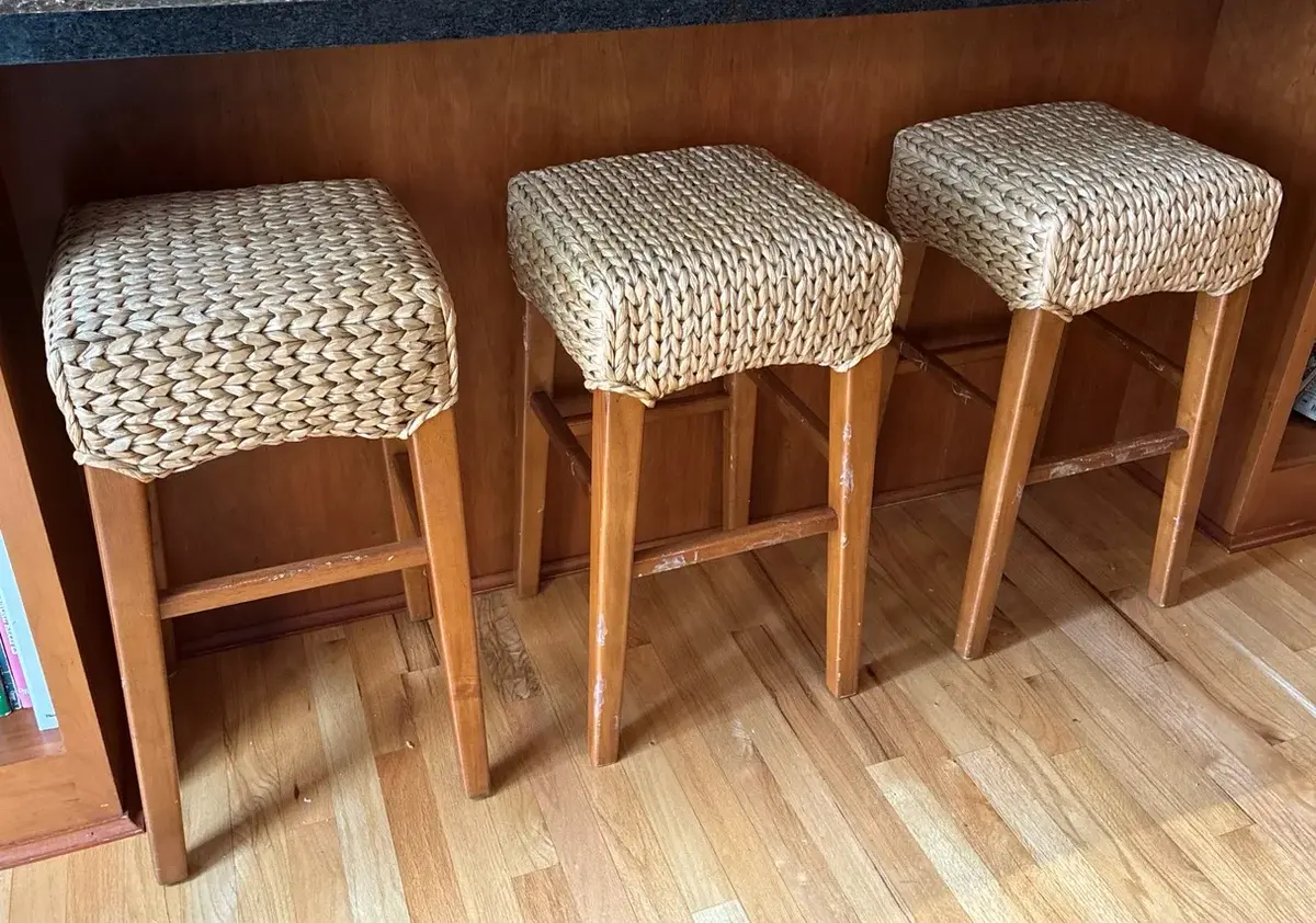 Set Of Three Water Hyacinth Rattan Stools 