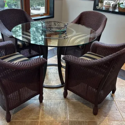 Glass & Metal Table With Four Rattan Chairs